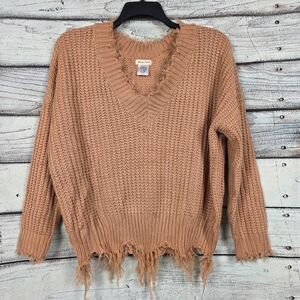 Main Strip Distressed Hem Knit Sweater Tan Medium